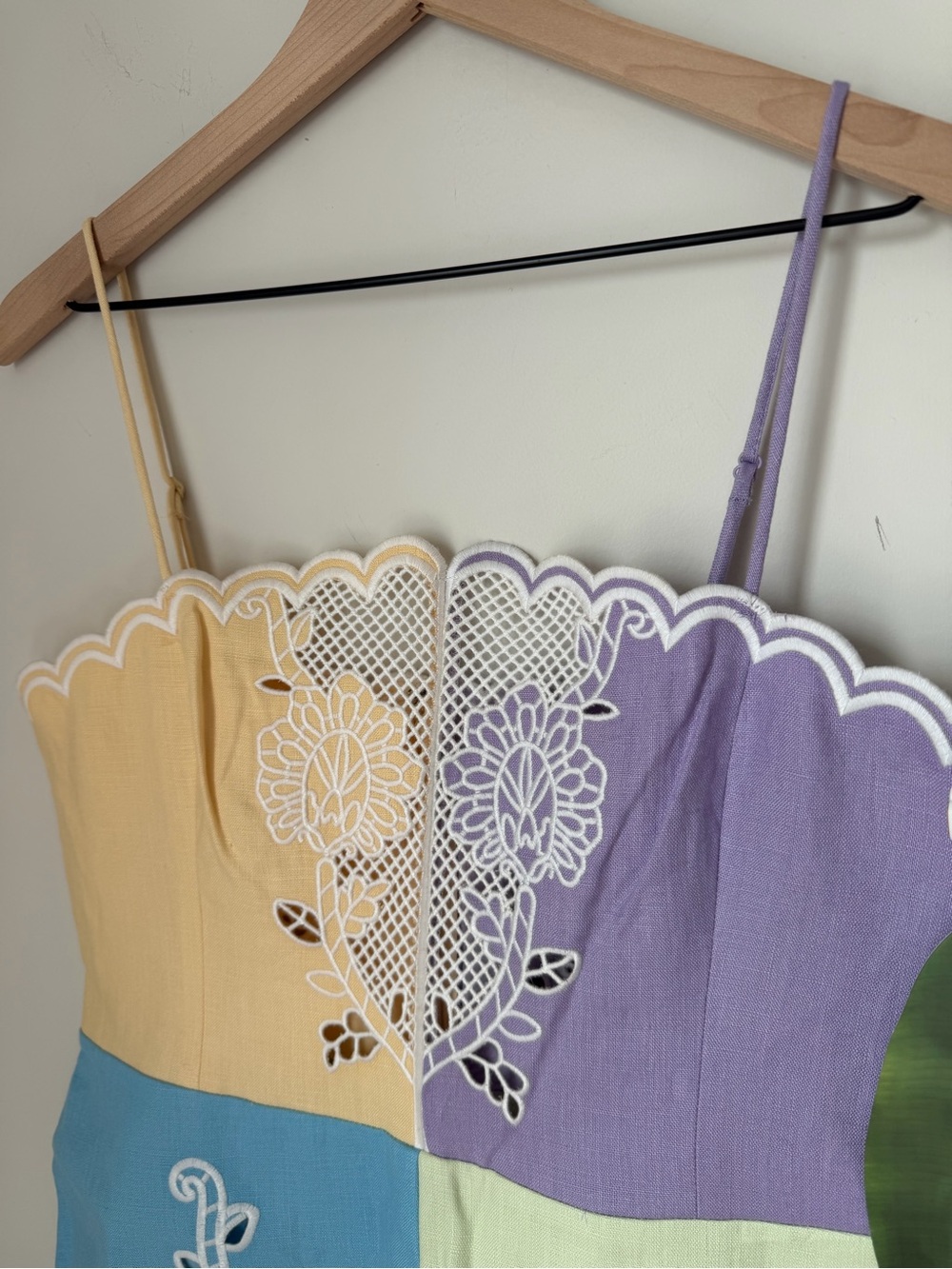 FARM Rio eyelet embroidered Colorblock blue green purple peach linen Midi Dress - Picture 8 of 14